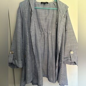 Blue and white striped swing coat with a hood